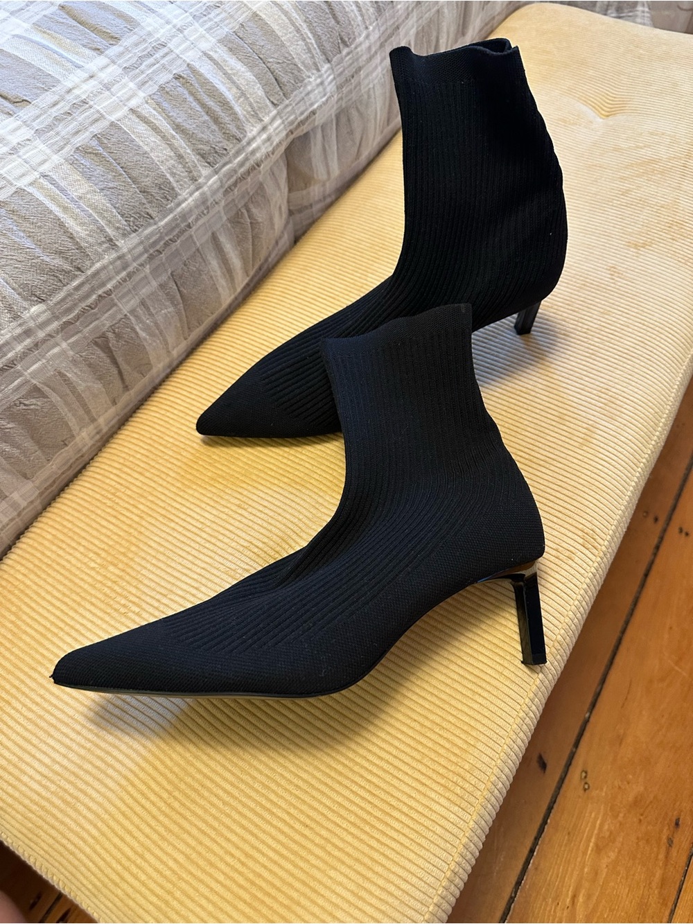 Zara Black Pointed-Toe Stretch Sock Heeled Ankle Boots